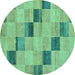 Round Machine Washable Checkered Turquoise Modern Area Rugs, wshabs75turq
