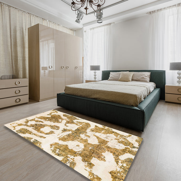 Machine Washable Abstract Moccasin Beige Rug in a Bedroom, wshabs767