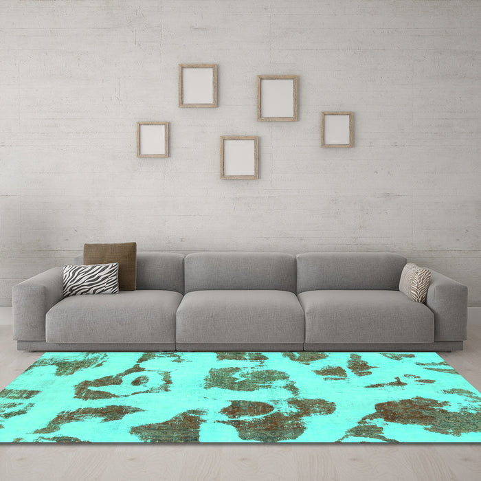 Machine Washable Abstract Turquoise Modern Area Rugs in a Living Room,, wshabs775turq