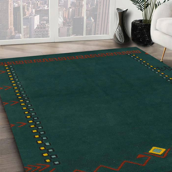 Machine Washable Abstract Deep Teal Green Rug in a Family Room, wshabs776
