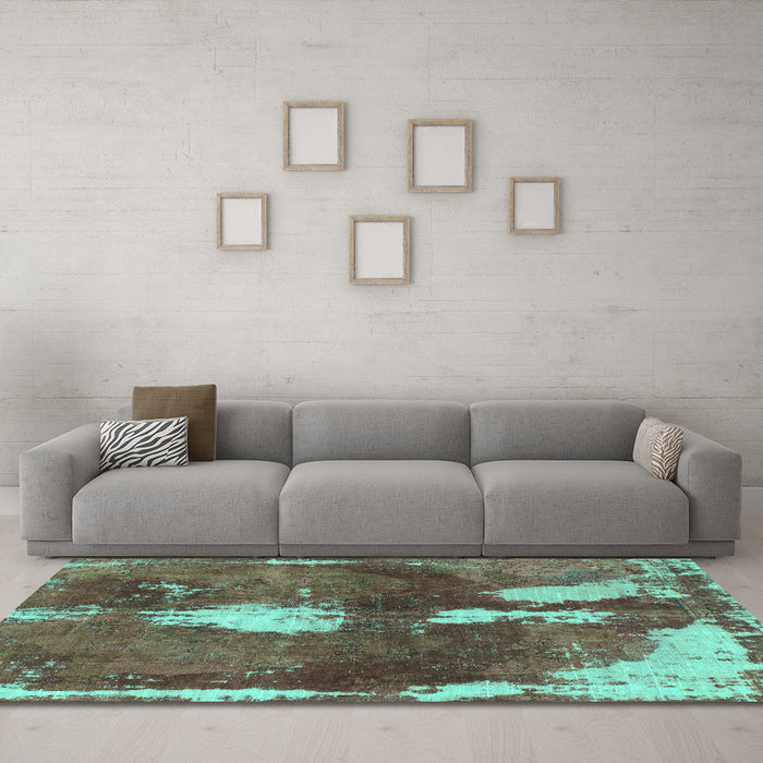 Machine Washable Abstract Turquoise Modern Area Rugs in a Living Room,, wshabs777turq