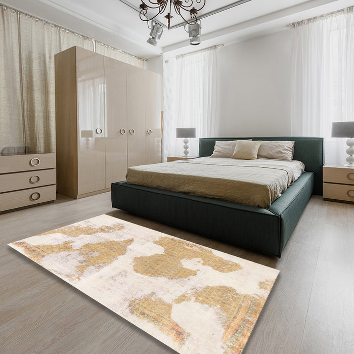Machine Washable Abstract Gold Rug in a Bedroom, wshabs780
