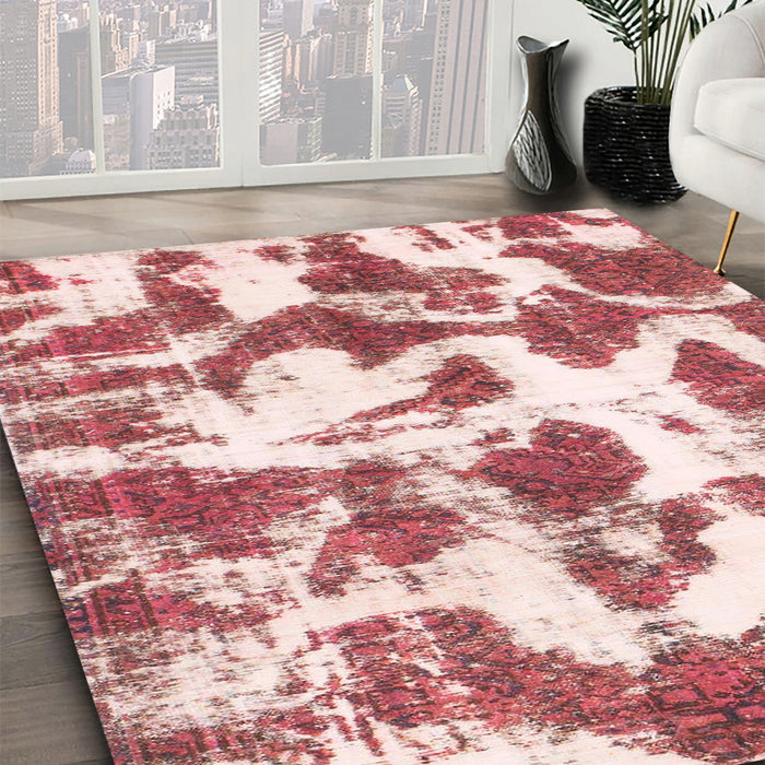 Machine Washable Abstract Deep Rose Pink Rug in a Family Room, wshabs782