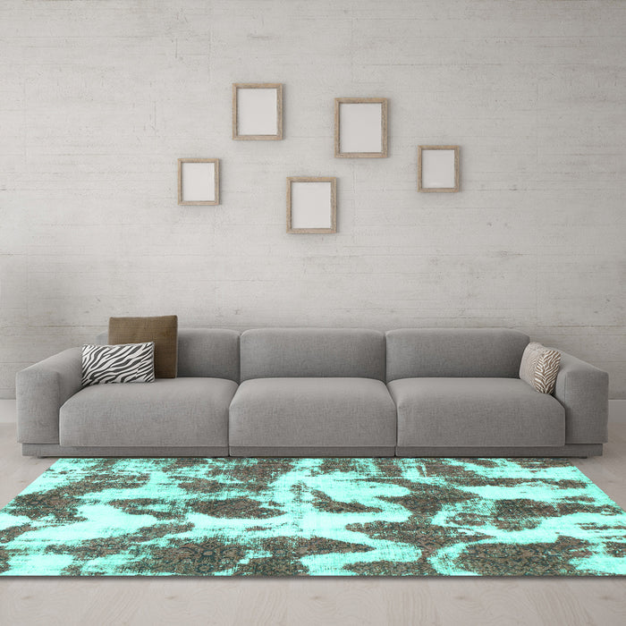 Machine Washable Abstract Turquoise Modern Area Rugs in a Living Room,, wshabs782turq