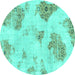 Round Machine Washable Abstract Turquoise Modern Area Rugs, wshabs787turq