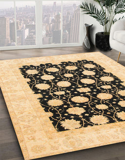 Abstract Mustard Yellow Oriental Rug in Family Room, abs789