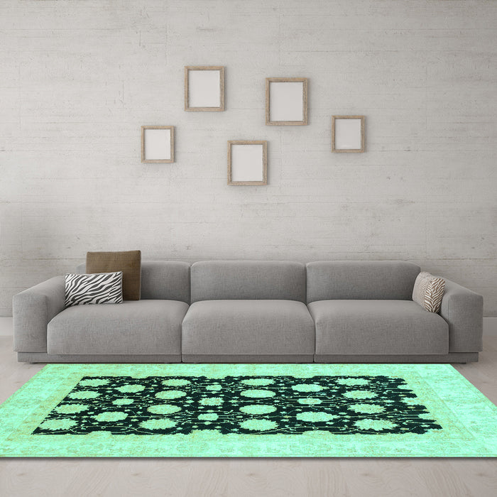 Machine Washable Oriental Turquoise Traditional Area Rugs in a Living Room,, wshabs789turq
