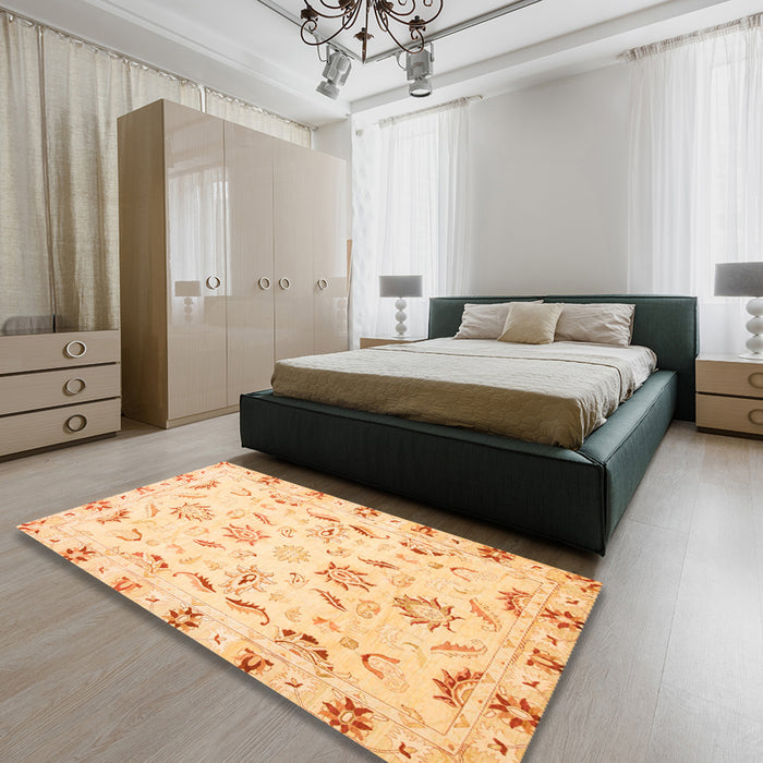 Abstract Orange Oriental Rug in a Bedroom, abs790
