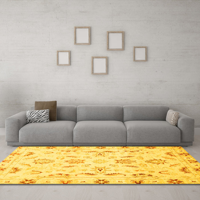 Machine Washable Oriental Yellow Traditional Rug in a Living Room, wshabs790yw