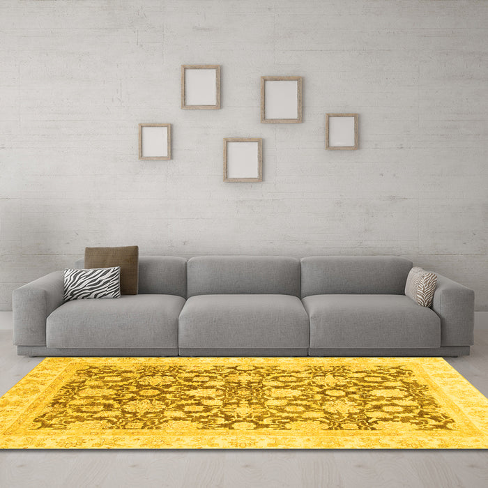 Machine Washable Oriental Yellow Traditional Rug in a Living Room, wshabs791yw