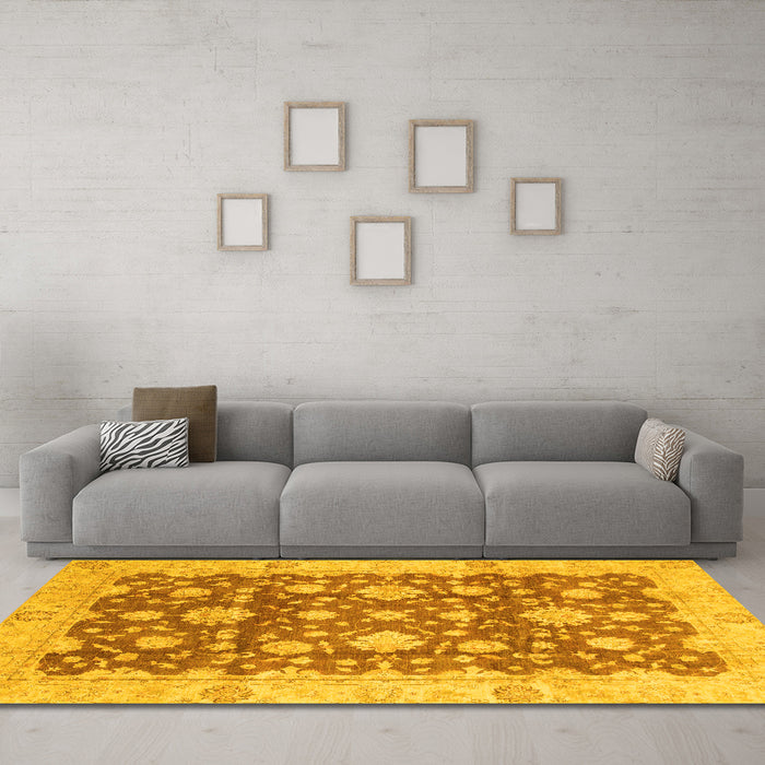 Machine Washable Oriental Yellow Traditional Rug in a Living Room, wshabs792yw