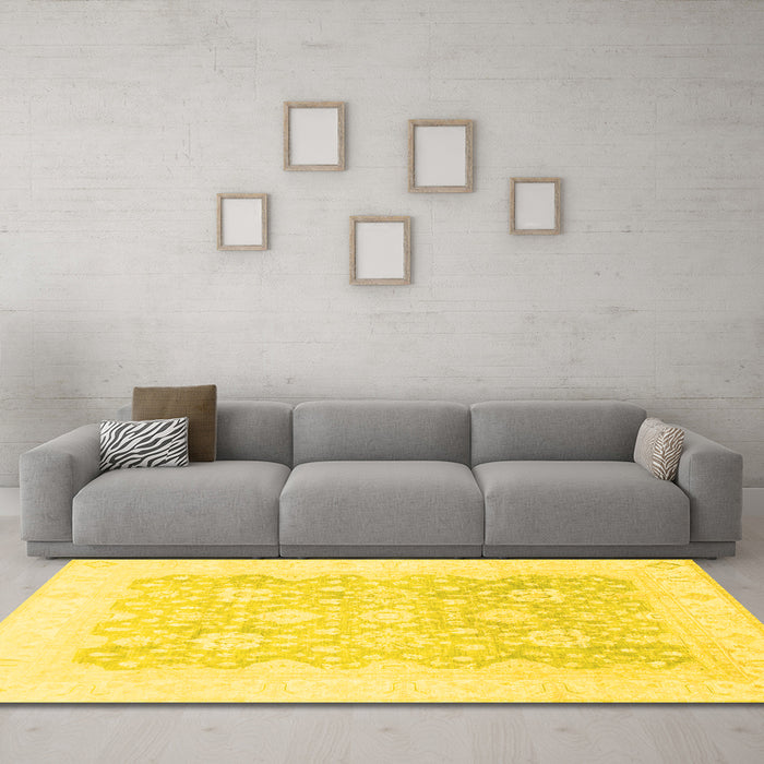 Machine Washable Oriental Yellow Traditional Rug in a Living Room, wshabs793yw