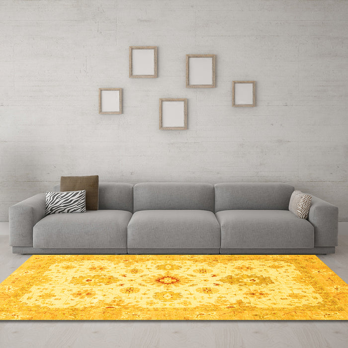 Machine Washable Oriental Yellow Traditional Rug in a Living Room, wshabs794yw