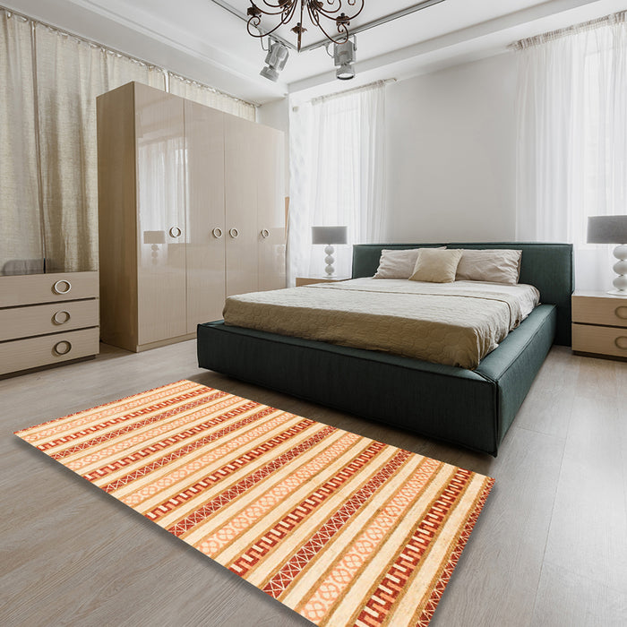 Abstract Brown Gold Modern Rug in a Bedroom, abs802