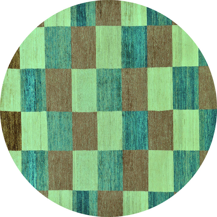 Round Machine Washable Checkered Turquoise Modern Area Rugs, wshabs80turq