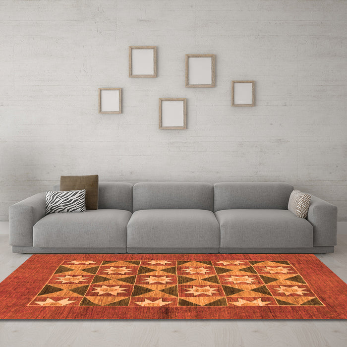 Machine Washable Abstract Orange Modern Area Rugs in a Living Room, wshabs810org