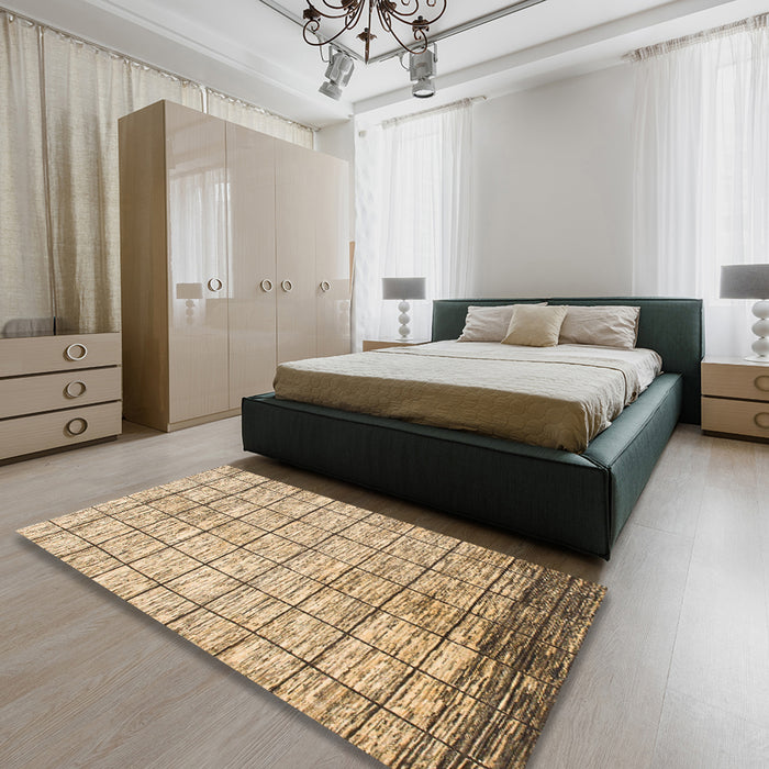 Abstract Light Brown Checkered Rug in a Bedroom, abs816