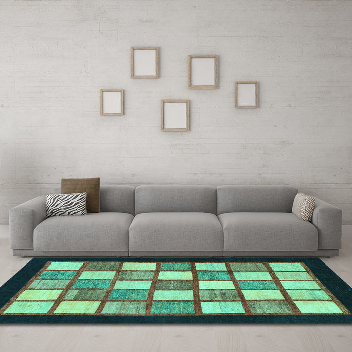 Machine Washable Checkered Turquoise Modern Area Rugs in a Living Room,, wshabs819turq