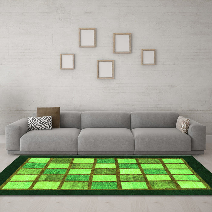 Machine Washable Checkered Green Modern Area Rugs in a Living Room,, wshabs819grn
