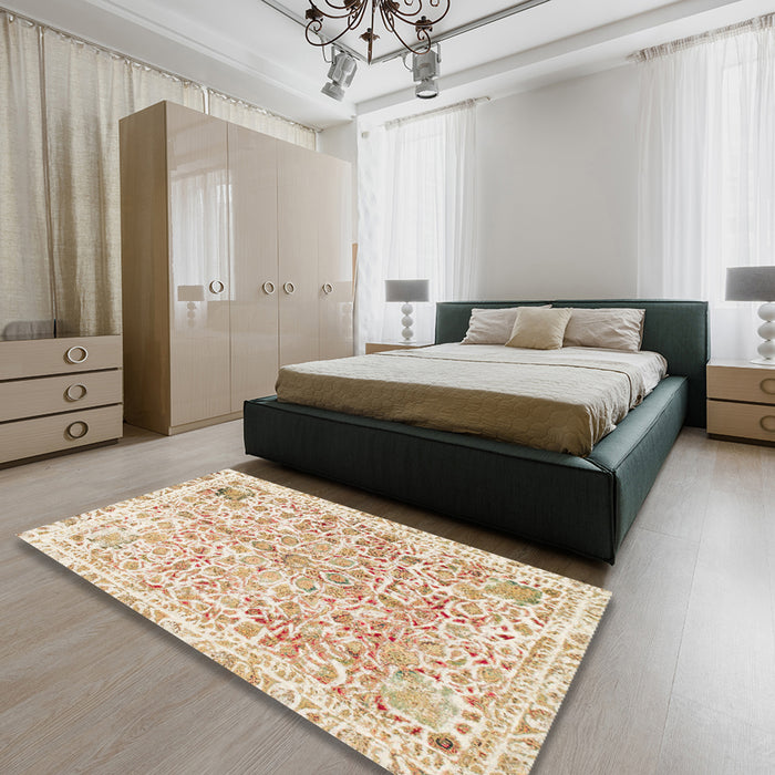 Abstract Wheat Beige Modern Rug in a Bedroom, abs821