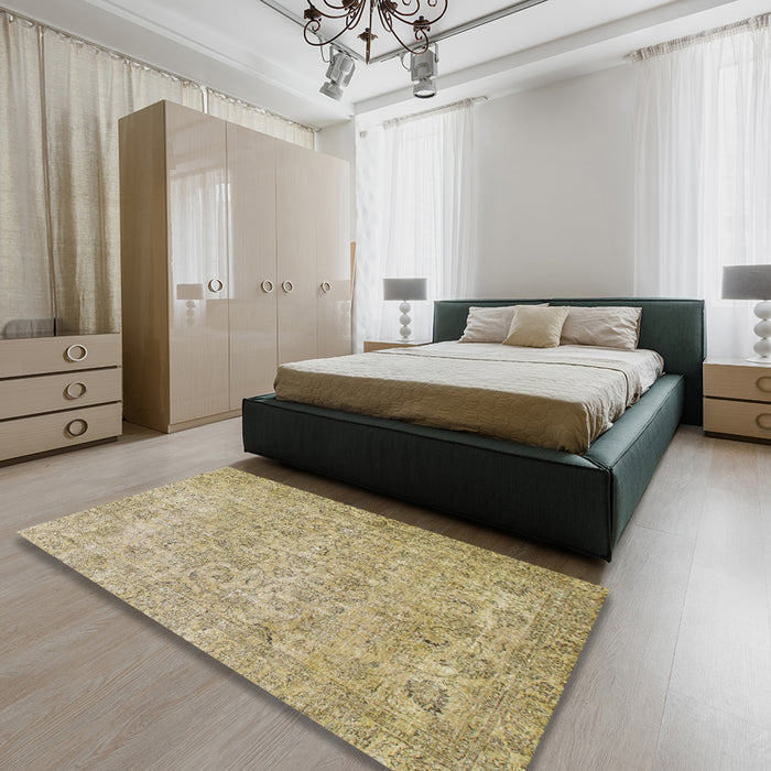 Abstract Ginger Brown Green Modern Rug in a Bedroom, abs826