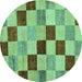 Round Machine Washable Checkered Turquoise Modern Area Rugs, wshabs82turq