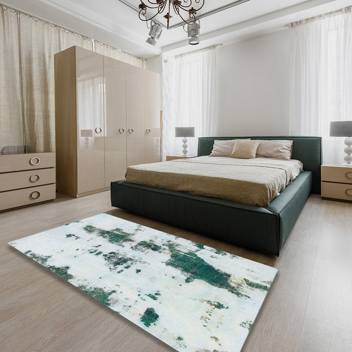 Abstract Dark Sea Green Modern Rug in a Bedroom, abs831