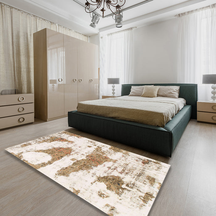 Machine Washable Abstract Champagne Beige Rug in a Bedroom, wshabs834