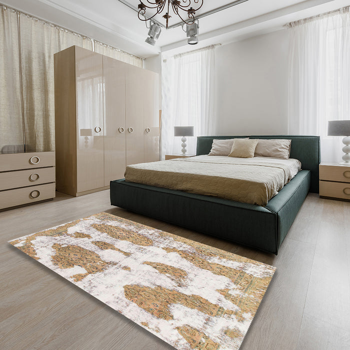 Machine Washable Abstract White Gold Rug in a Bedroom, wshabs840