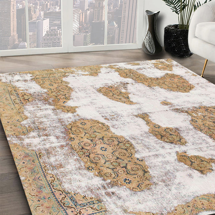 Abstract White Gold Modern Rug in Family Room, abs840