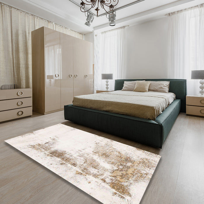 Abstract Soft Ivory Beige Modern Rug in a Bedroom, abs845