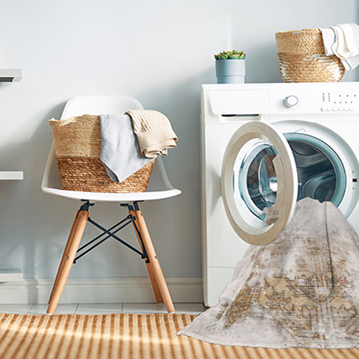 Machine Washable Abstract Soft Ivory Beige Rug in a Washing Machine, wshabs845