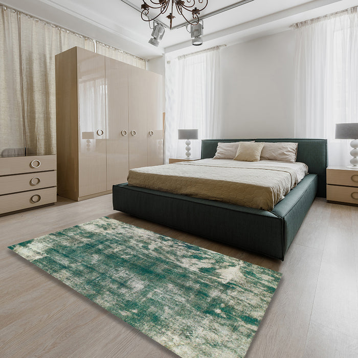 Machine Washable Abstract Dark Sea Green Rug in a Bedroom, wshabs849