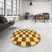 Round Abstract Bright Gold Yellow Checkered Rug in a Office, abs84