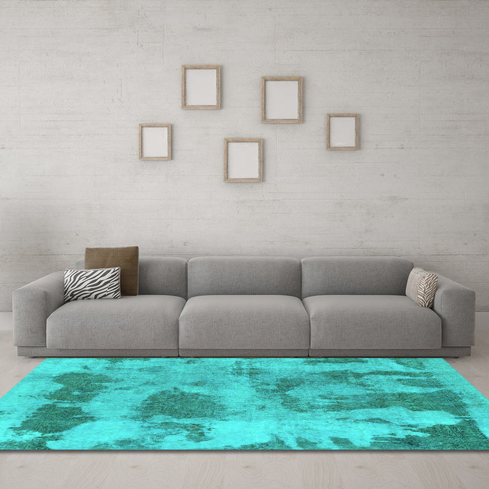 Machine Washable Abstract Turquoise Modern Area Rugs in a Living Room,, wshabs853turq