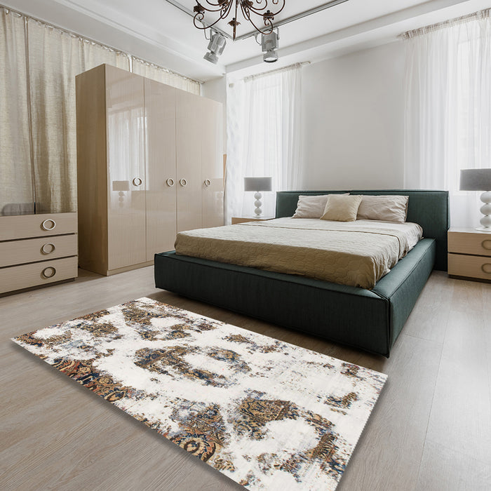 Machine Washable Abstract Ash White Beige Rug in a Bedroom, wshabs855
