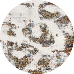 Round Machine Washable Abstract Ash White Beige Rug, wshabs855