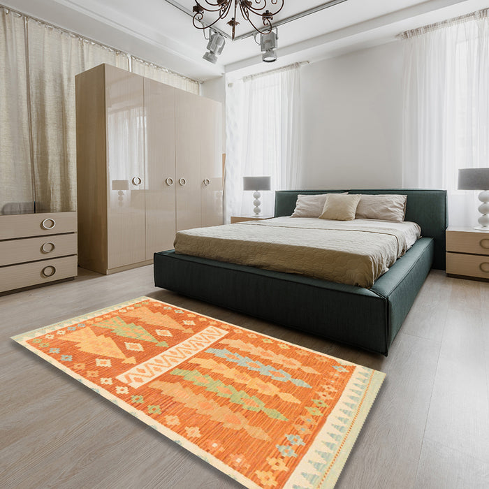Abstract Chrome Gold Yellow Southwestern Rug in a Bedroom, abs857
