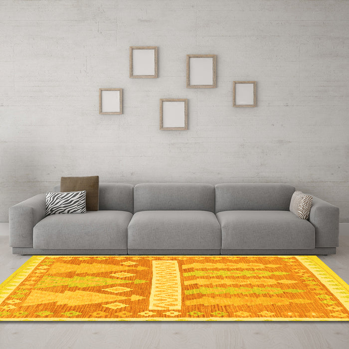 Machine Washable Southwestern Yellow Country Rug in a Living Room, wshabs857yw