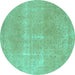 Round Machine Washable Abstract Turquoise Modern Area Rugs, wshabs858turq