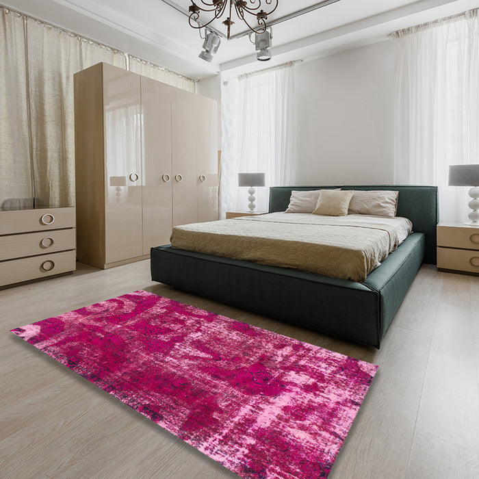 Abstract Raspberry Red Persian Rug in a Bedroom, abs866