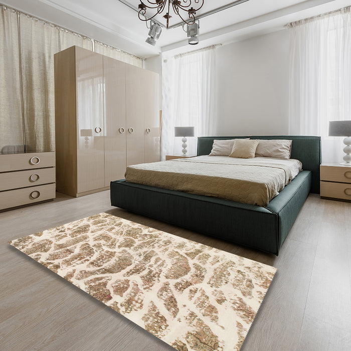 Abstract Wheat Beige Modern Rug in a Bedroom, abs877