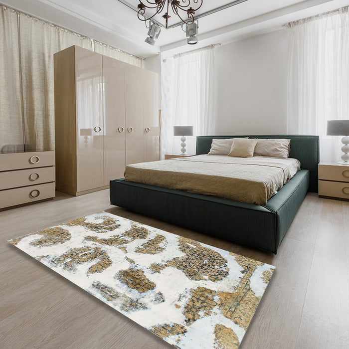 Abstract Dark Almond Brown Modern Rug in a Bedroom, abs878