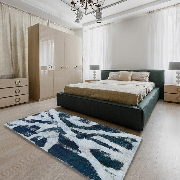 Abstract Light Steel Blue Modern Rug in a Bedroom, abs882