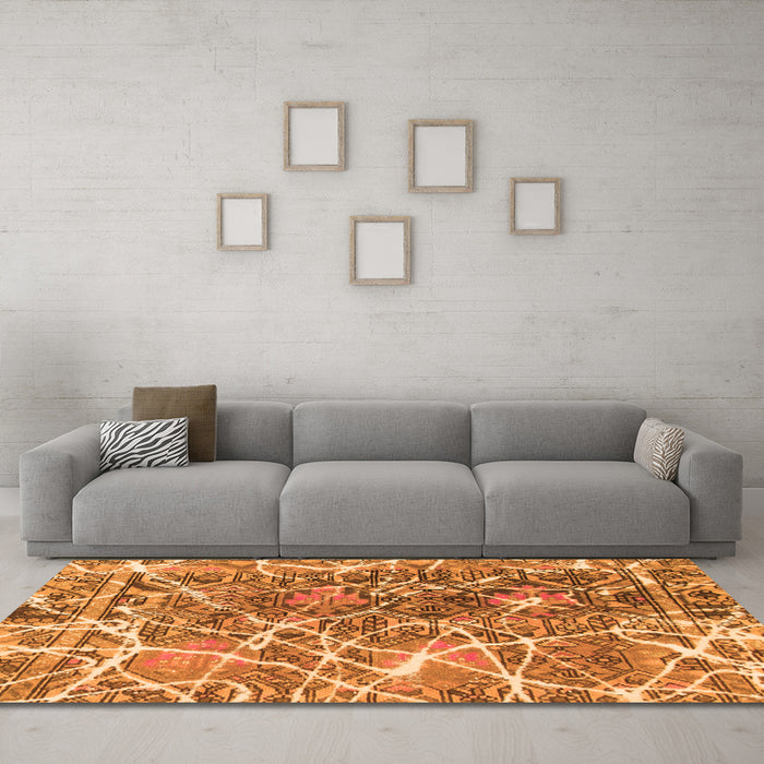 Machine Washable Abstract Orange Modern Area Rugs in a Living Room, wshabs888org