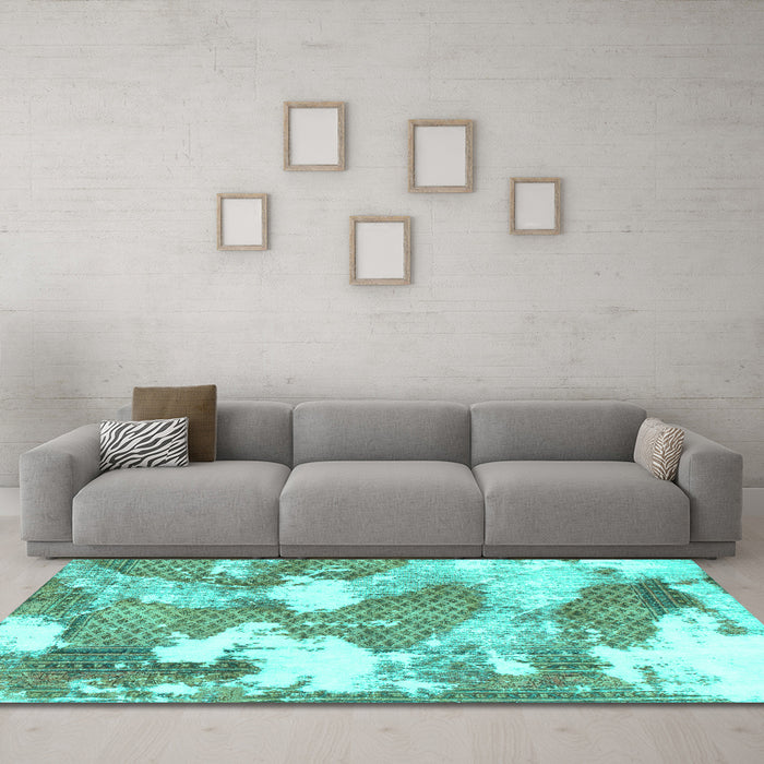 Machine Washable Abstract Turquoise Modern Area Rugs in a Living Room,, wshabs889turq