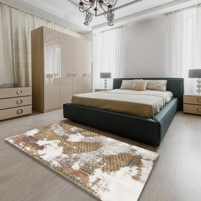 Machine Washable Abstract Dark Almond Brown Rug in a Bedroom, wshabs889