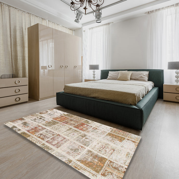 Abstract Orange Brown Modern Rug in a Bedroom, abs891