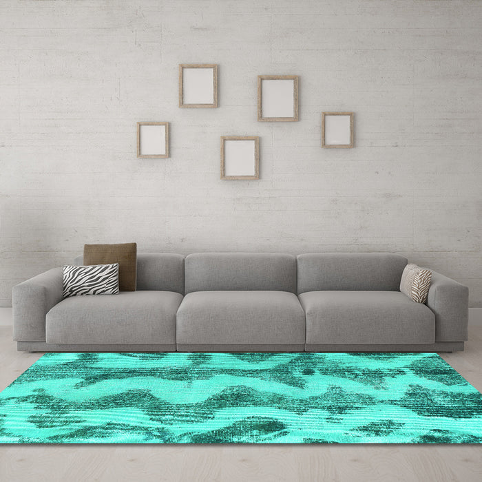 Machine Washable Abstract Turquoise Modern Area Rugs in a Living Room,, wshabs894turq