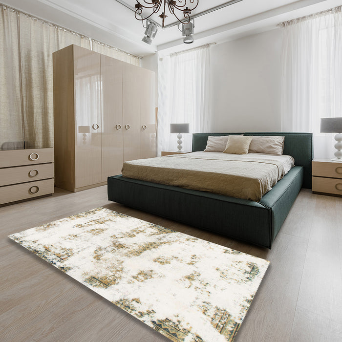 Abstract Tan Brown Modern Rug in a Bedroom, abs898